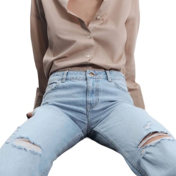 ZARA | Light Blue | RIPPED MID-RISE Z1975 STRAIGHT LEG JEANS - Picture 7 of 11